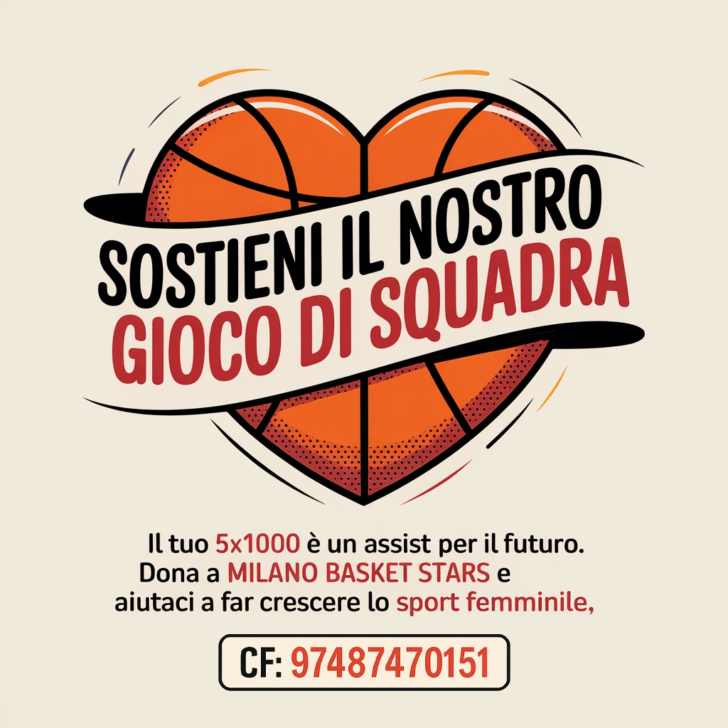 Grafica 5×1000 Milano Basket Stars con cuore a forma di pallone da basket e slogan 'Sostieni il nostro gioco di squadra'. Invito a donare per supportare lo sport femminile con codice fiscale 97487470151