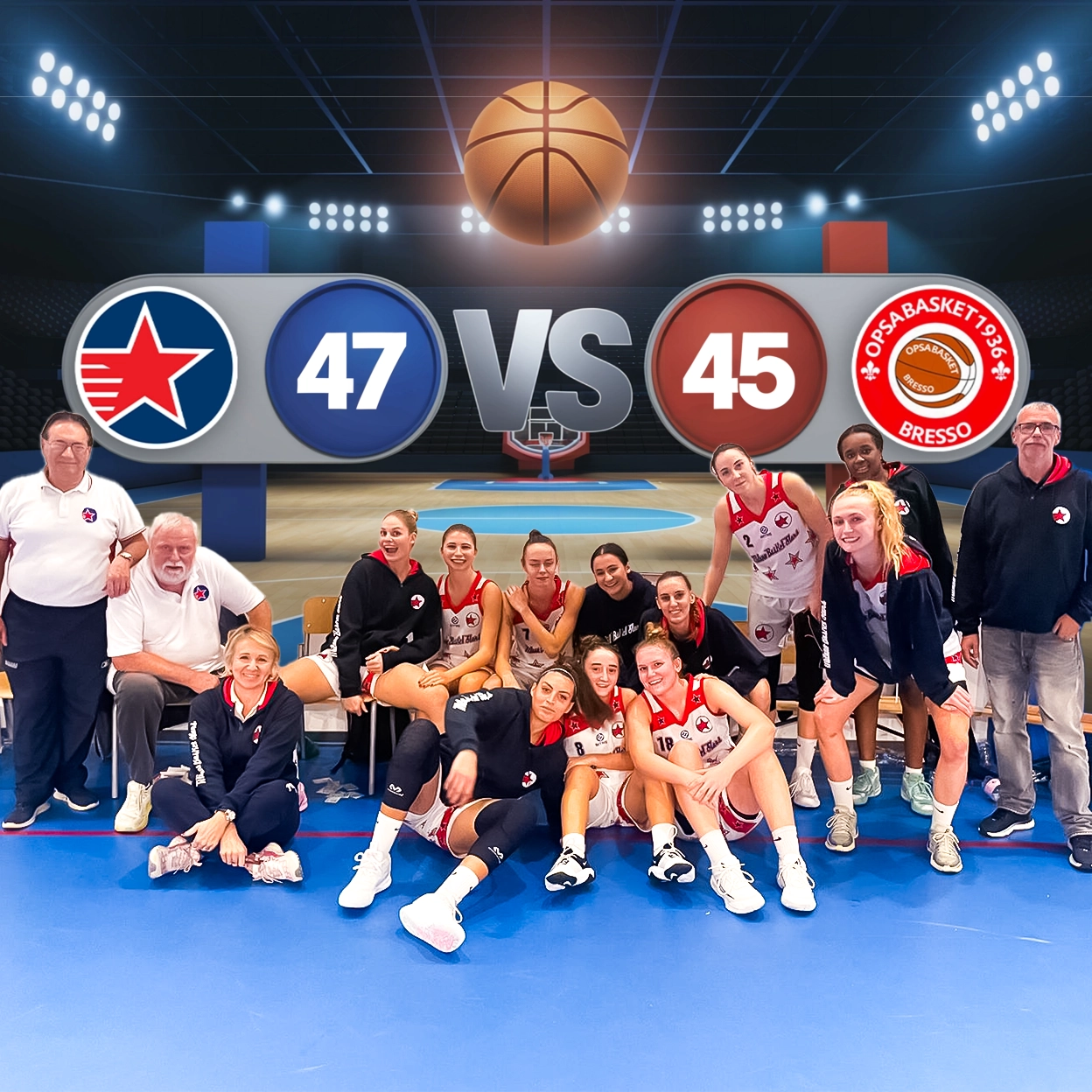 La squadra di Milano Basket Stars festeggia la vittoria per 47-45 contro Bresso al Palananzu'.