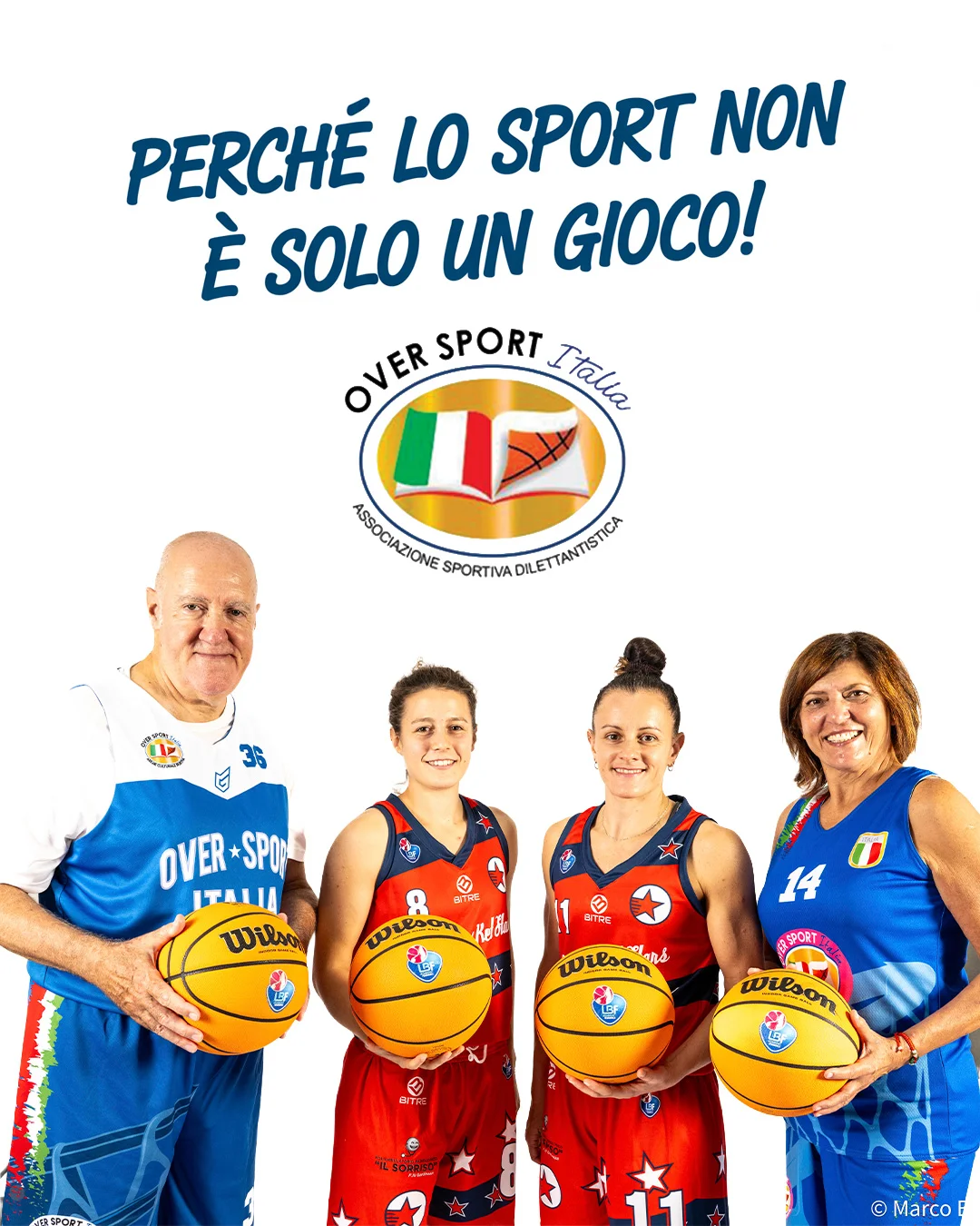 Quattro atleti di basket di diverse generazioni con palloni Wilson rappresentano Over Sport Italia, LIBA e Milano Basket Stars