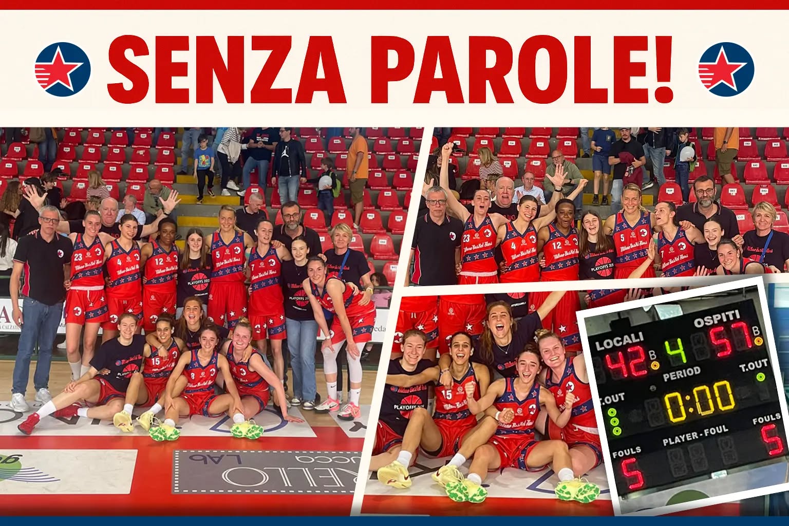 Esultanza di Milano Basket Stars dopo la vittoria 42-57 a Lucca in Gara 1 dei playoff 2024/25