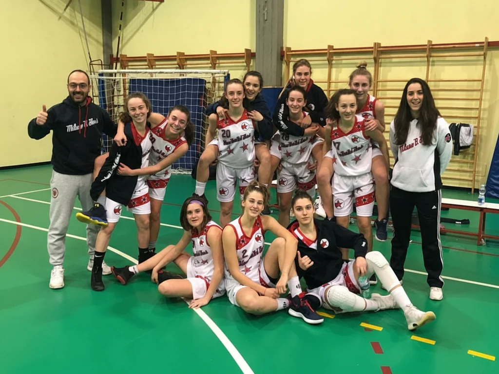 Milano Basket Stars squadra giovanile con coach in palestra - formazione basket femminile ragazze Milano