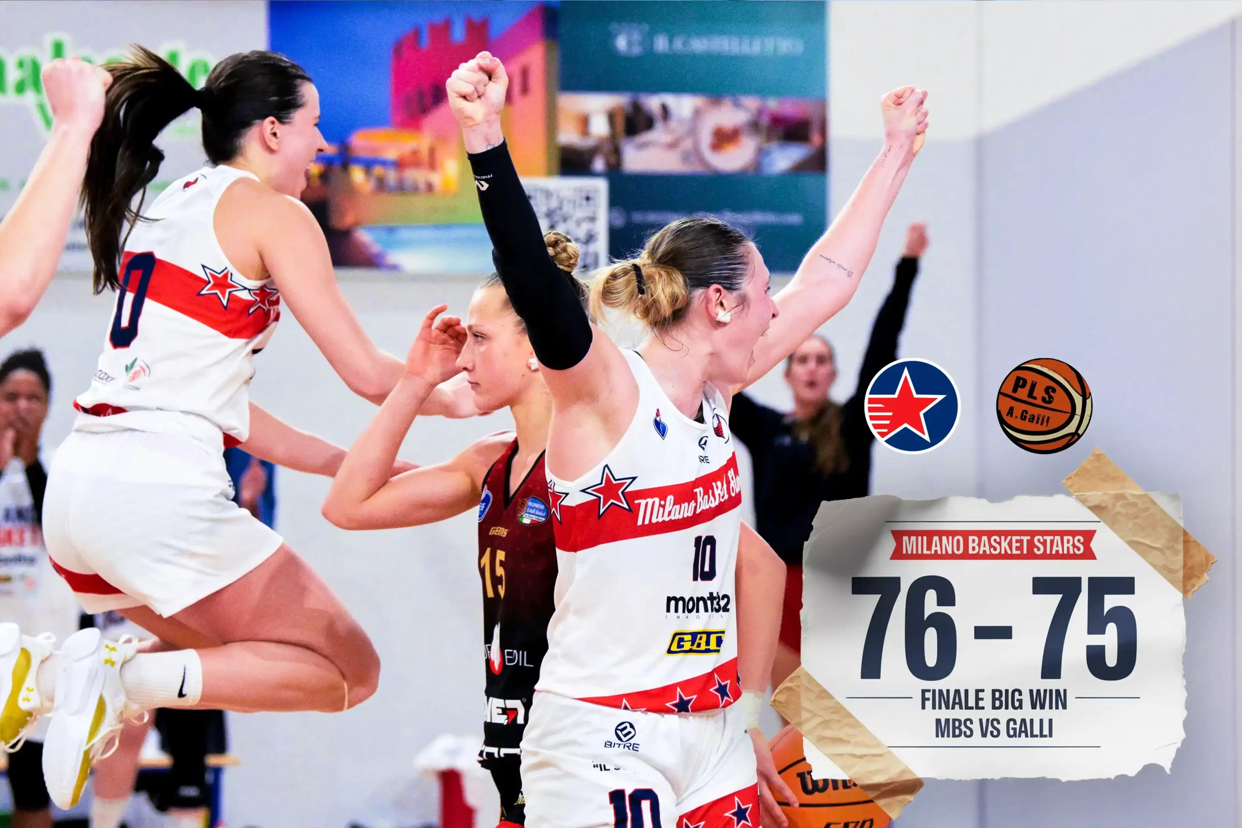 Esultanza delle giocatrici Milano Basket Stars per la vittoria 76-75 contro Polisportiva Galli San Giovanni Valdarno.