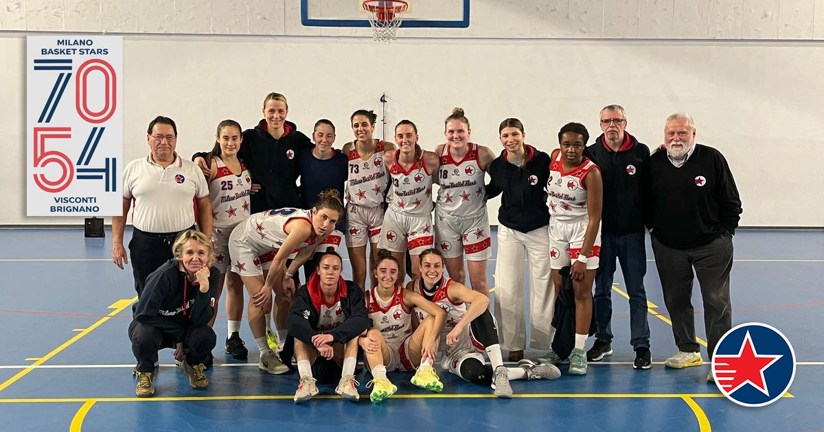 Risultato finale: Milano Basket Stars 70 - 54 Visconti Brignano. Grafica con punteggio della partita di basket femminile Serie B.