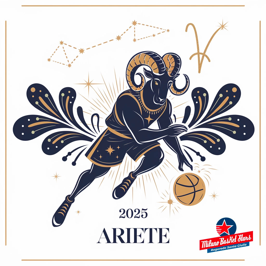 oroscopo Ariete 2025 Ariete: Illustrazione oroscopo 2025 per il segno con elementi di basket, ispirata alla squadra Milano Basket Stars. Grafica elegante in blu e oro con costellazioni.