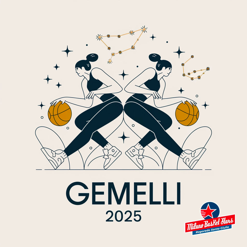 oroscopo Gemelli 2025 Gemelli: Illustrazione oroscopo 2025 per il segno con elementi di basket, ispirata alla squadra Milano Basket Stars. Grafica elegante in blu e oro con costellazioni.