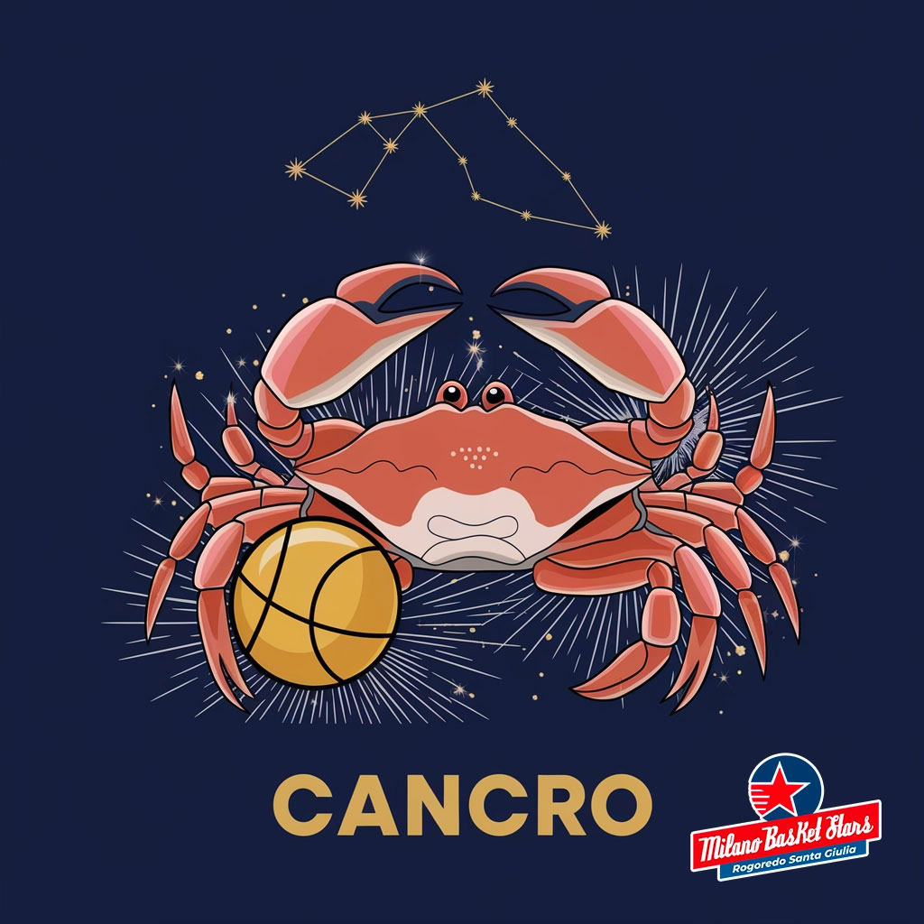 oroscopo Cancro 2025 Cancro: Illustrazione oroscopo 2025 per il segno con elementi di basket, ispirata alla squadra Milano Basket Stars. Grafica elegante in blu e oro con costellazioni.