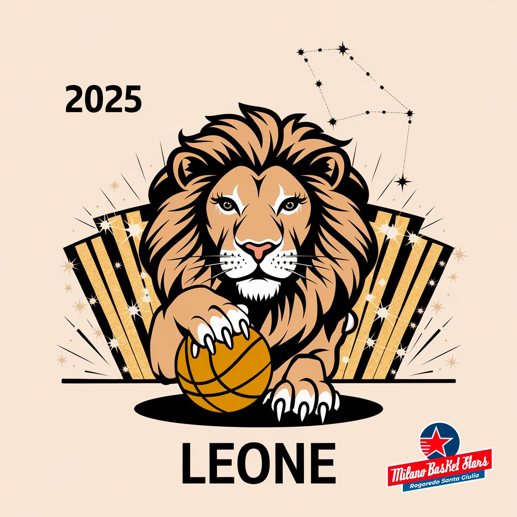 oroscopo Leone 2025 Leone: Illustrazione oroscopo 2025 per il segno con elementi di basket, ispirata alla squadra Milano Basket Stars. Grafica elegante in blu e oro con costellazioni.