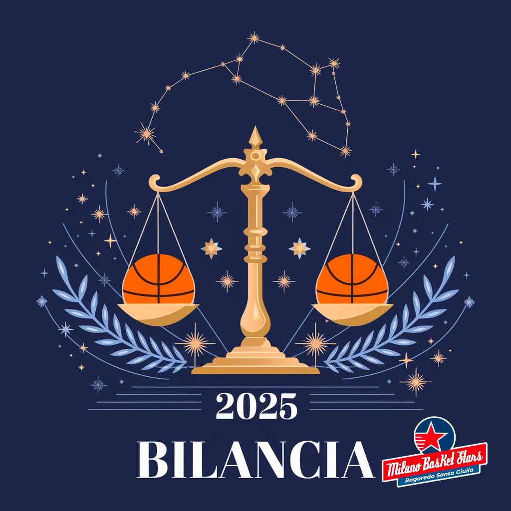 oroscopo Bilancia 2025 Bilancia: Illustrazione oroscopo 2025 per il segno con elementi di basket, ispirata alla squadra Milano Basket Stars. Grafica elegante in blu e oro con costellazioni.