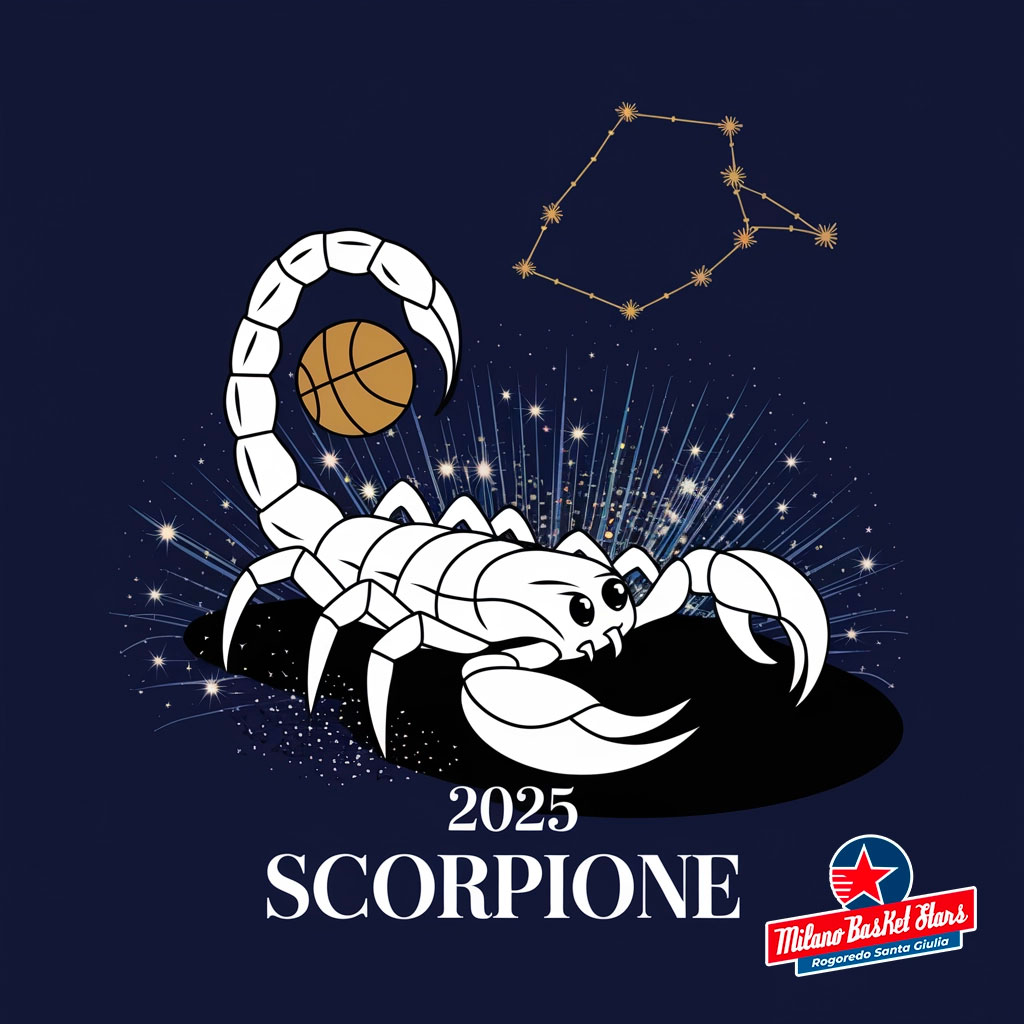 oroscopo Scorpione 2025 Scorpione: Illustrazione oroscopo 2025 per il segno con elementi di basket, ispirata alla squadra Milano Basket Stars. Grafica elegante in blu e oro con costellazioni.