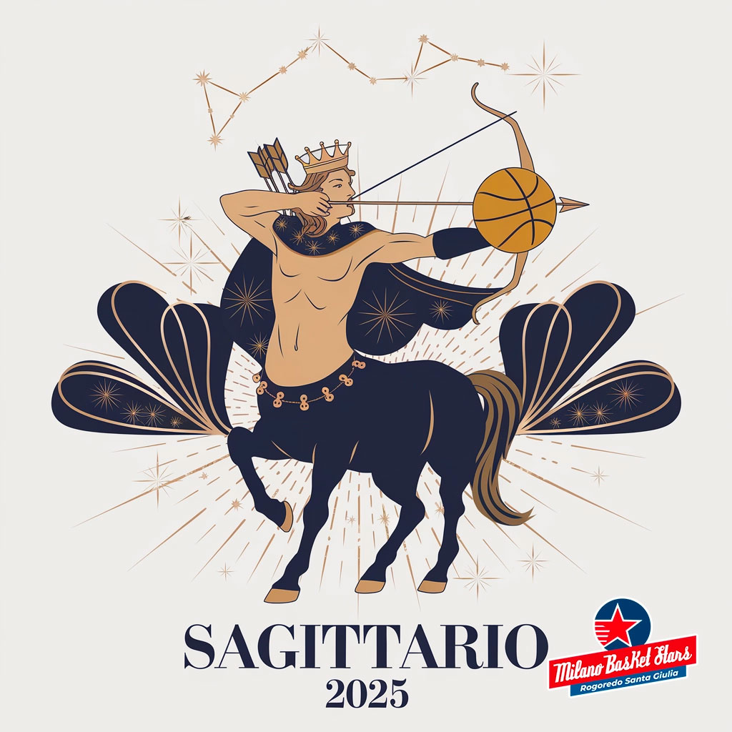 oroscopo Sagittario 2025 Sagittario: Illustrazione oroscopo 2025 per il segno con elementi di basket, ispirata alla squadra Milano Basket Stars. Grafica elegante in blu e oro con costellazioni.