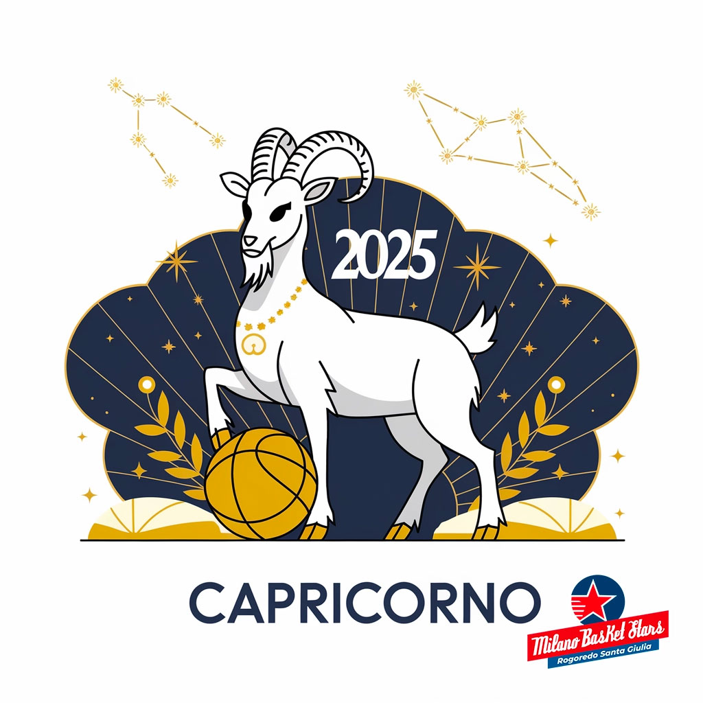 oroscopo Capricorno 2025 Capricorno: Illustrazione oroscopo 2025 per il segno con elementi di basket, ispirata alla squadra Milano Basket Stars. Grafica elegante in blu e oro con costellazioni.