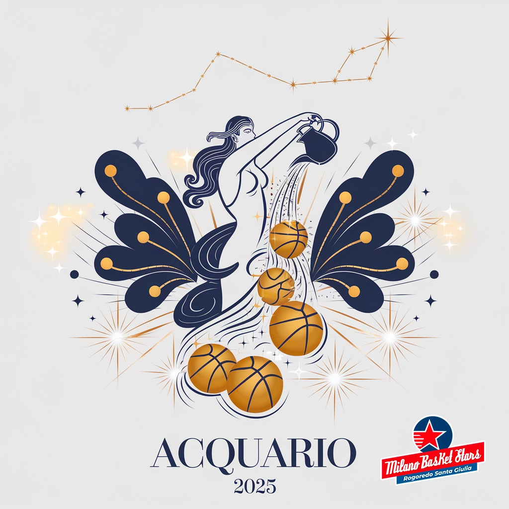 oroscopo Acquario 2025 Acquario: Illustrazione oroscopo 2025 per il segno con elementi di basket, ispirata alla squadra Milano Basket Stars. Grafica elegante in blu e oro con costellazioni.