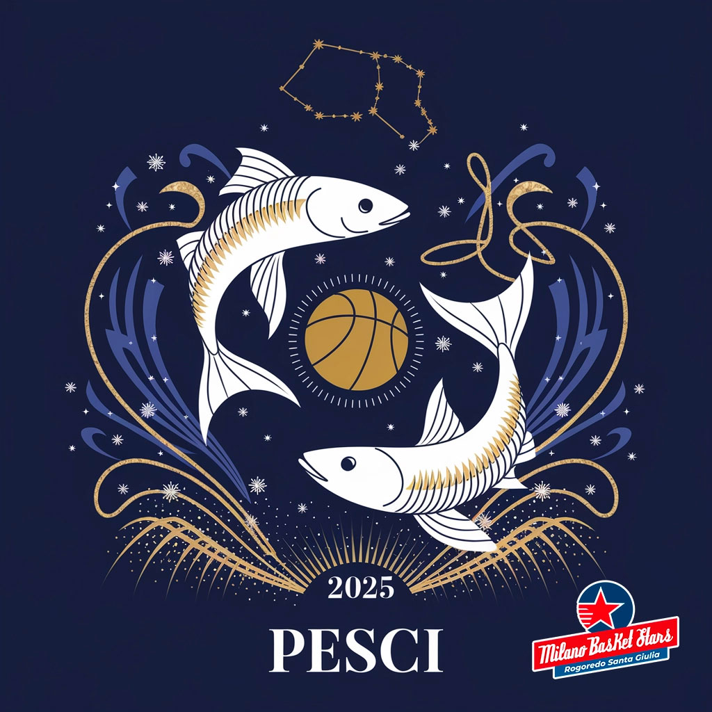 oroscopo Pesci 2025 Pesci: Illustrazione oroscopo 2025 per il segno con elementi di basket, ispirata alla squadra Milano Basket Stars. Grafica elegante in blu e oro con costellazioni.