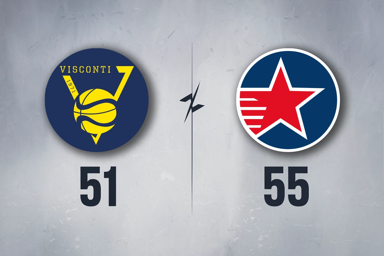 Grafica del risultato finale della partita di basket tra Visconti Brignano e Milano Basket Stars, con i loghi tondi delle due squadre e il punteggio 51-55.