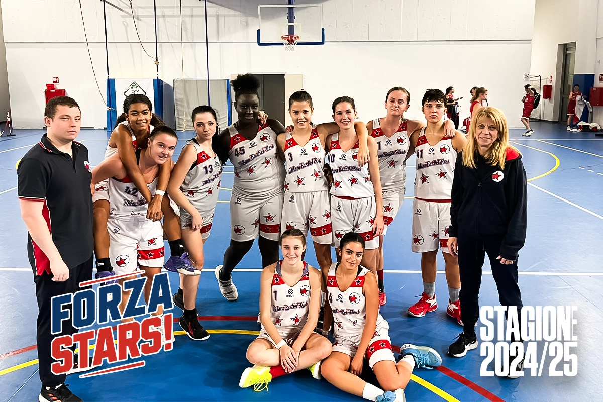 Squadra U17 di Milano Basket Stars festeggia la seconda vittoria casalinga.