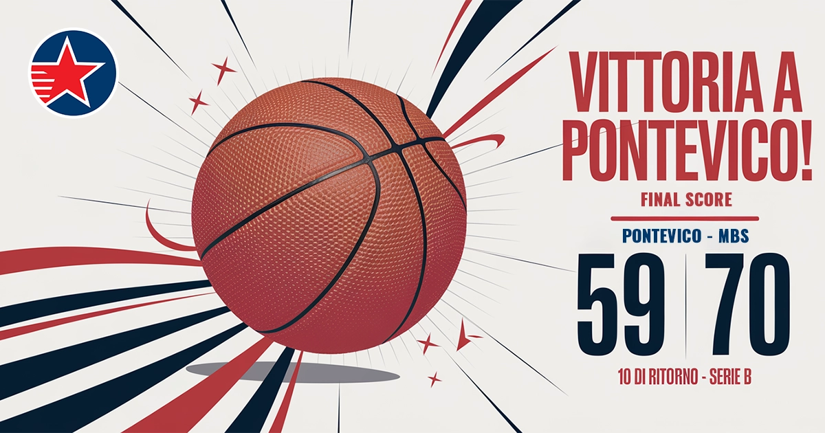 Milano Basket Stars vince contro Pontevico 70-59 nella 10ª giornata di ritorno Serie B femminile 2024/25. Grafica celebrativa in stile cartoon con colori rosso, bianco e blu.